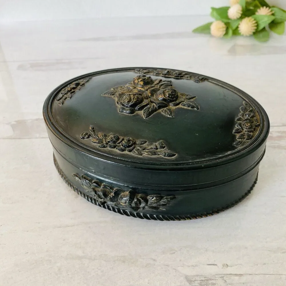 Vintage Victorian Revival Imitation Jet Carved Roses Jewelry Box Black Gothic